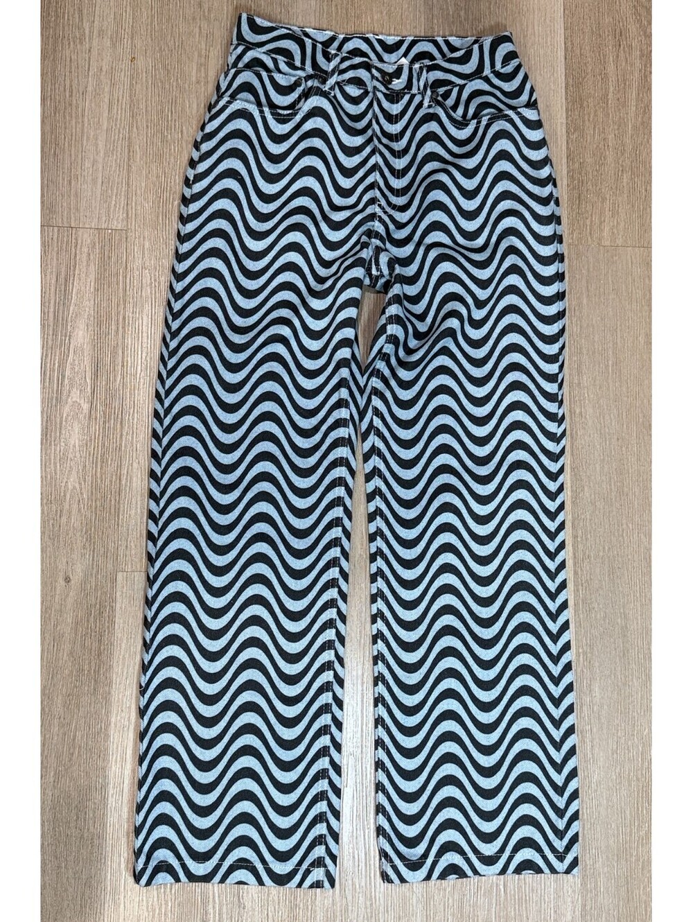 Ragged Jeans Size 26 Blue Black Swirl Print Denim Y2K Psychedelic Op Art Pants